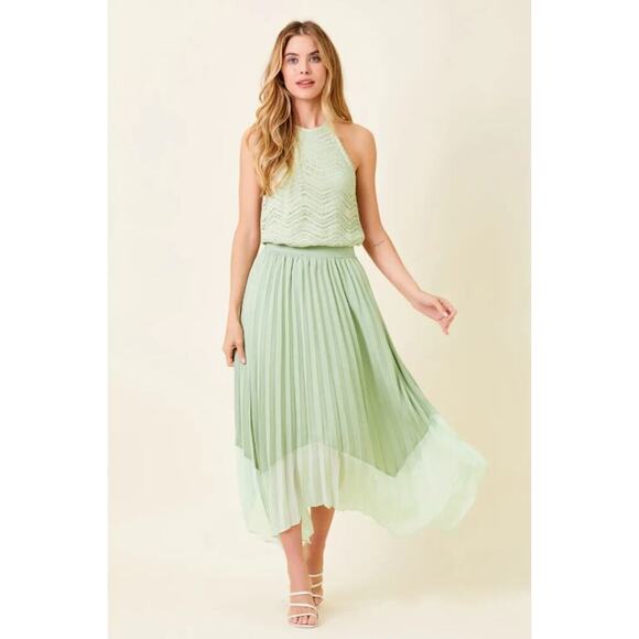 Mystree Dresses & Skirts - Sage Green Pleated Midi Skirt Asymmetrical Hem